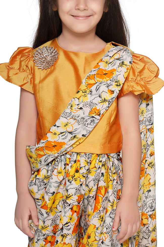 Lilpicks Fire Yellow Choli with Multi Colour Dhoti Saree Set