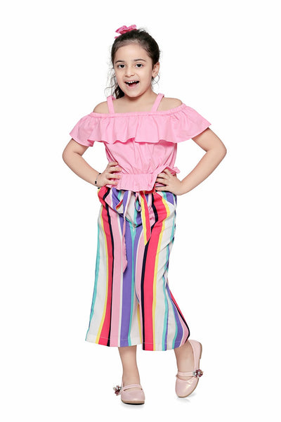 Pink Off Shoulder Top and Striped Culotte Pant Set