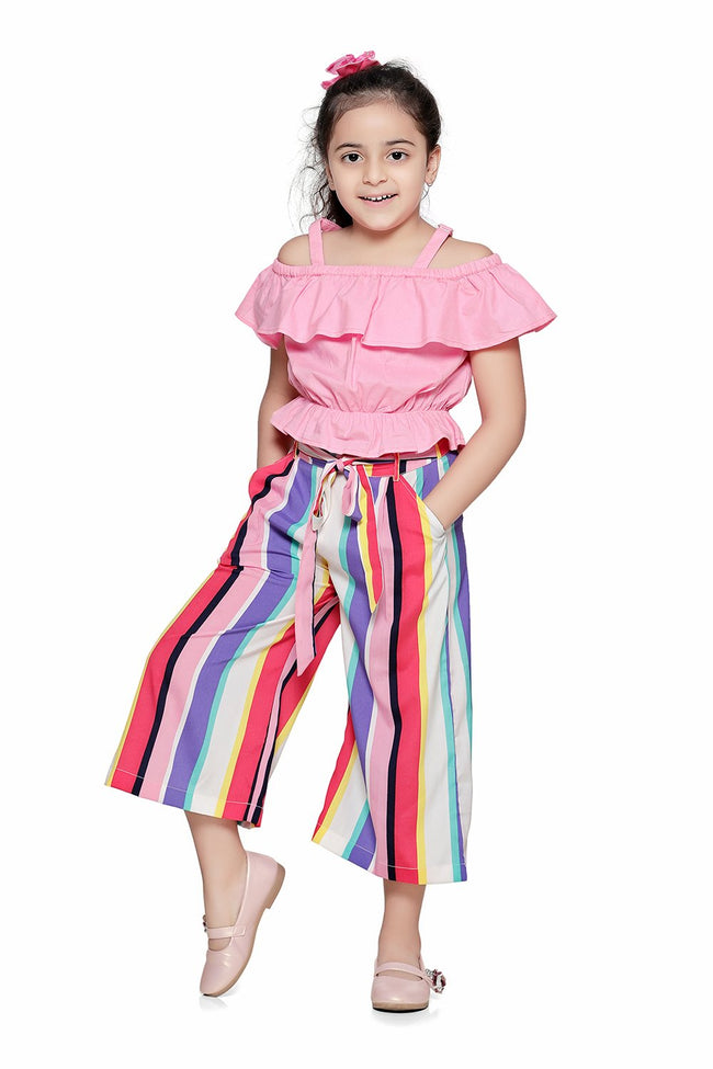 Pink Off Shoulder Top and Striped Culotte Pant Set