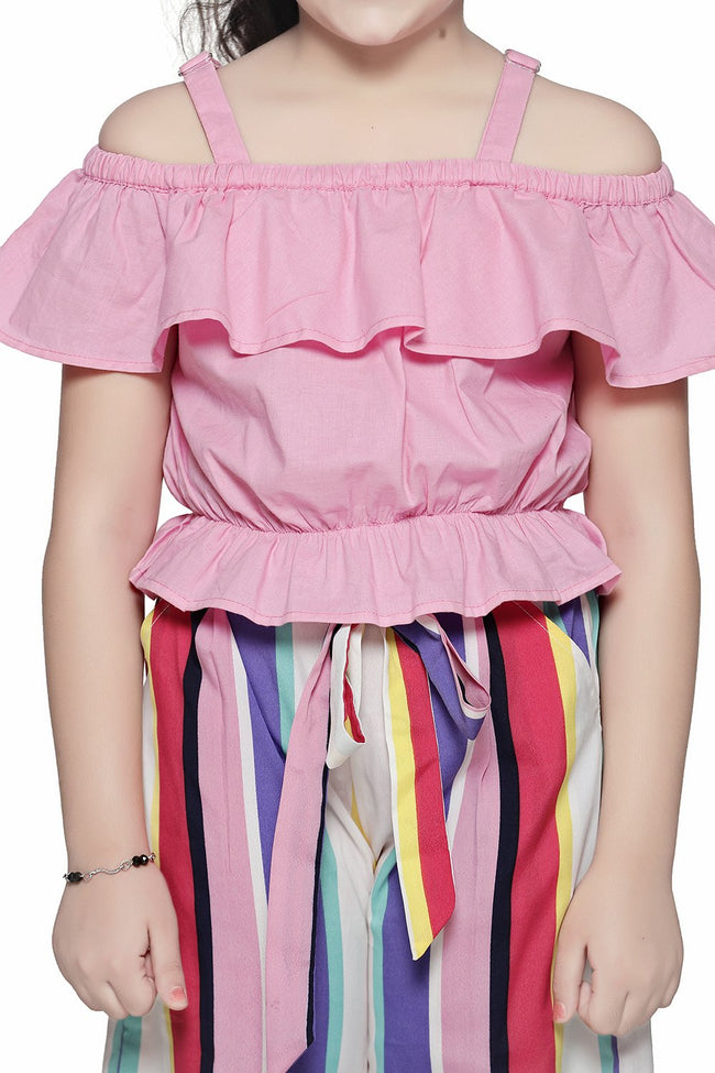 Pink Off Shoulder Top and Striped Culotte Pant Set