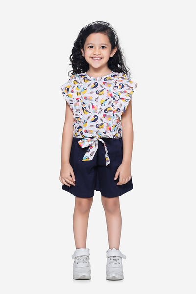 Bird Print Ruffle Top with Navy Belted Shorts Set