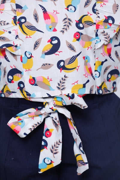 Bird Print Ruffle Top with Navy Belted Shorts Set