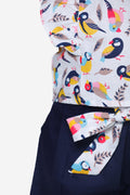 Bird Print Ruffle Top with Navy Belted Shorts Set