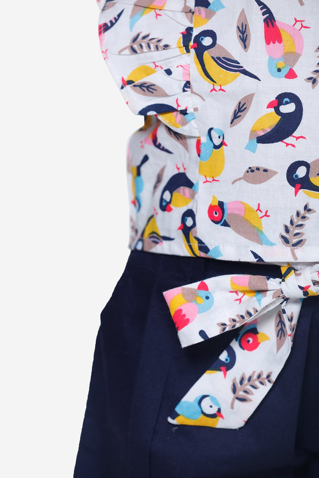 Bird Print Ruffle Top with Navy Belted Shorts Set