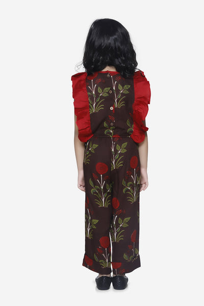 Brown Motif Print Ruffled Jumpsuit