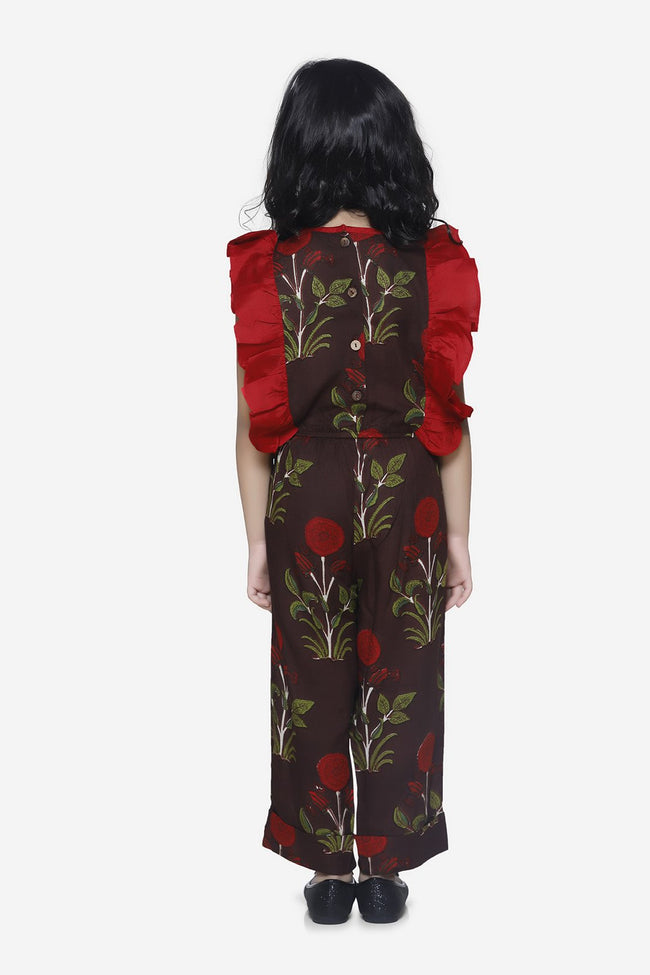 Brown Motif Print Ruffled Jumpsuit