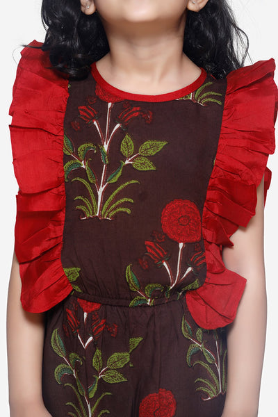 Brown Motif Print Ruffled Jumpsuit