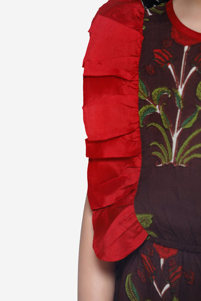 Brown Motif Print Ruffled Jumpsuit