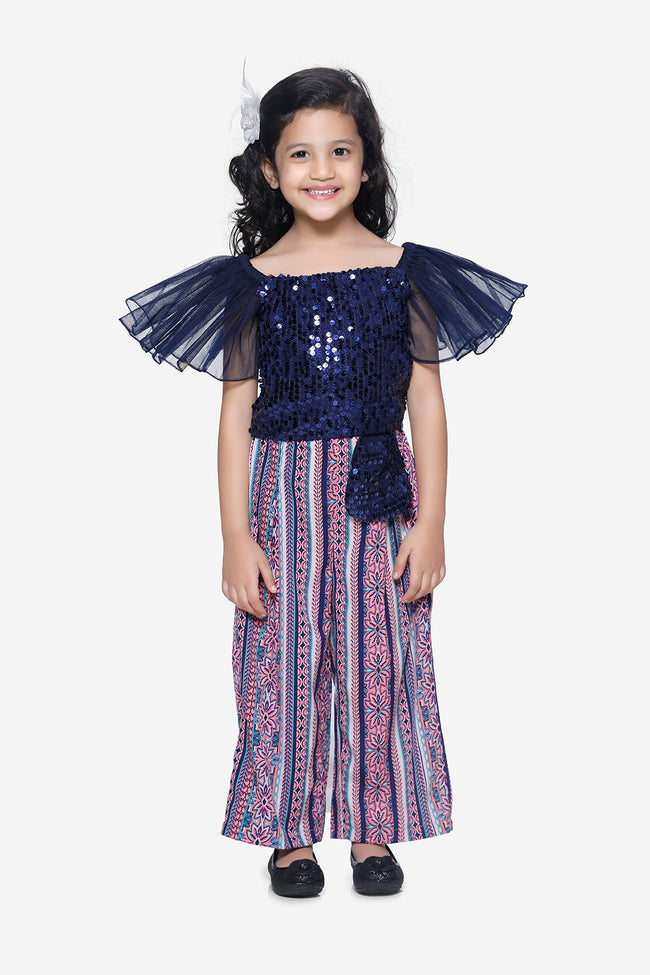 Navy Sequence Ruffle top with Pallazo Pant Set