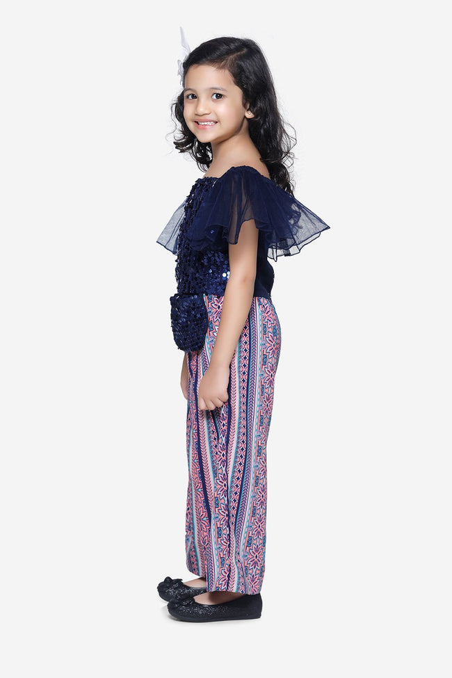 Navy Sequence Ruffle top with Pallazo Pant Set