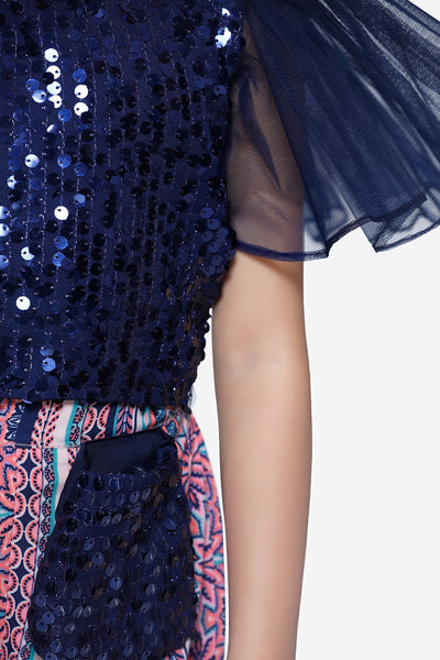Navy Sequence Ruffle top with Pallazo Pant Set