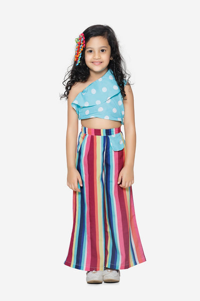 One Side shoulder powder blue top with Striped pallazo pant Set