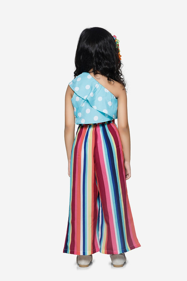 One Side shoulder powder blue top with Striped pallazo pant Set