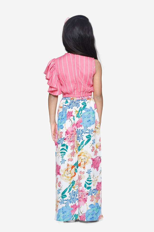 Pink Stripe Ruffle Top with  Floral tulip palazzo pant Set