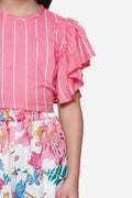 Pink Stripe Ruffle Top with  Floral tulip palazzo pant Set