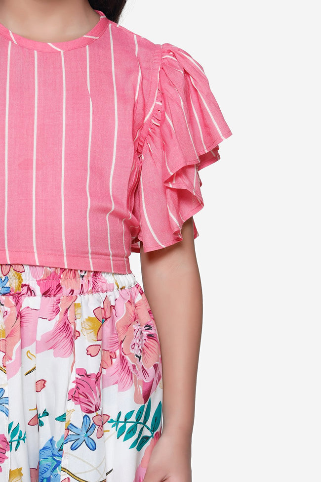Pink Stripe Ruffle Top with  Floral tulip palazzo pant Set