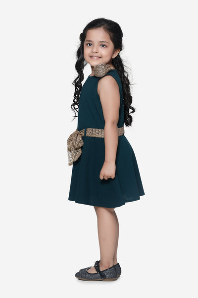 Teal Green Partywear Dress with Golden Detailing