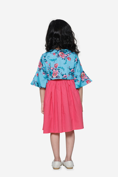 Pink Dress with Sky Blue Floral Shrug