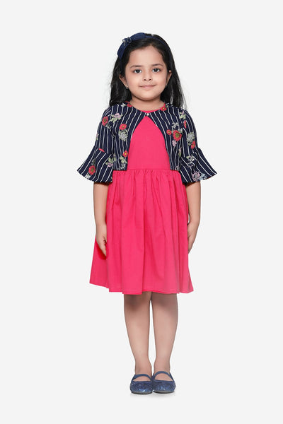 Dark Pink Dress with Navy Stripe Shrug