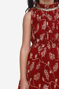 Maroon Foil Print Pleated Dress