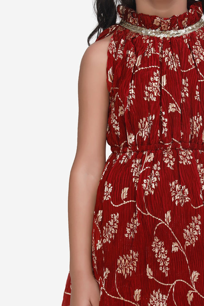 Maroon Foil Print Pleated Dress