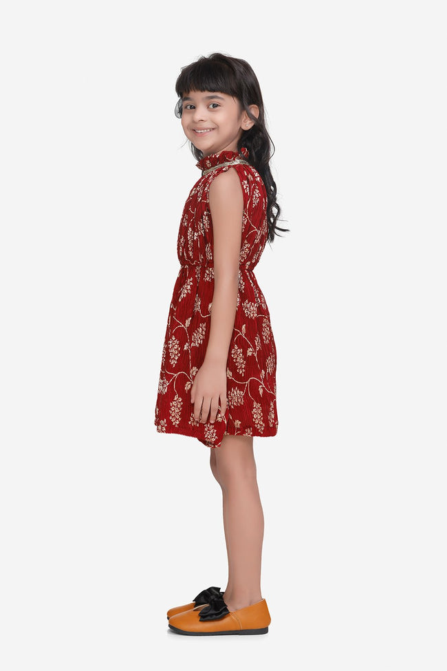 Maroon Foil Print Pleated Dress