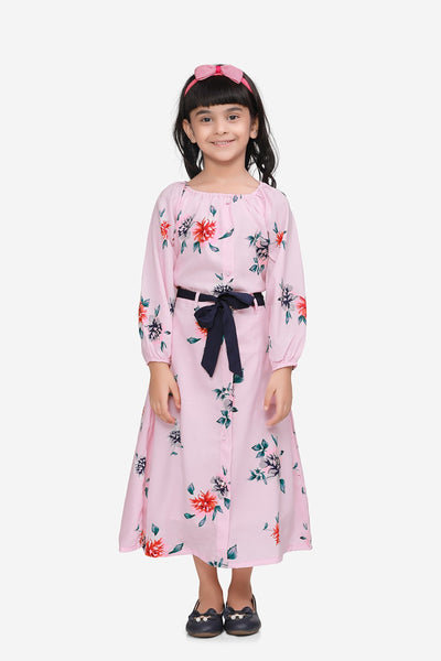 Bright Dusky Pink Floral Ankle Length Dress