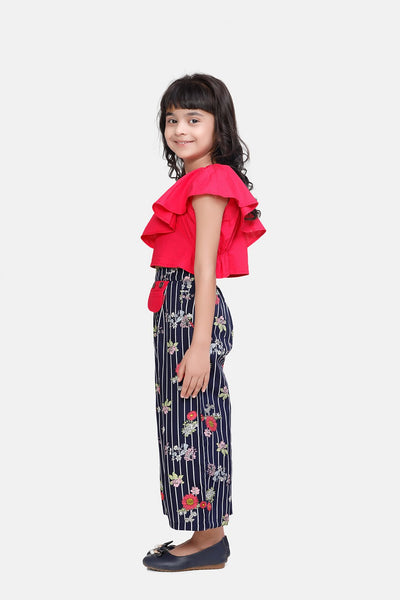 One Side shoulder Dark Pink Top with Striped palazzo