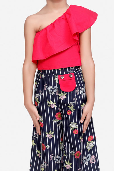 One Side shoulder Dark Pink Top with Striped palazzo