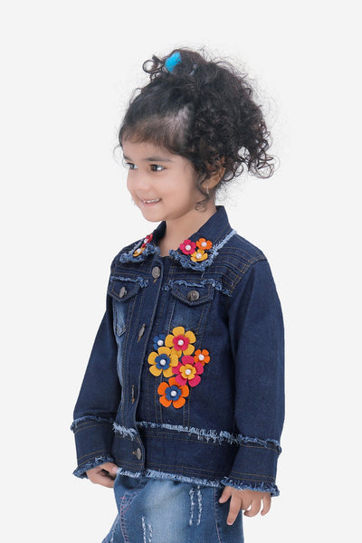 Lilipicks Dark Blue Denim Flower Applique Jacket