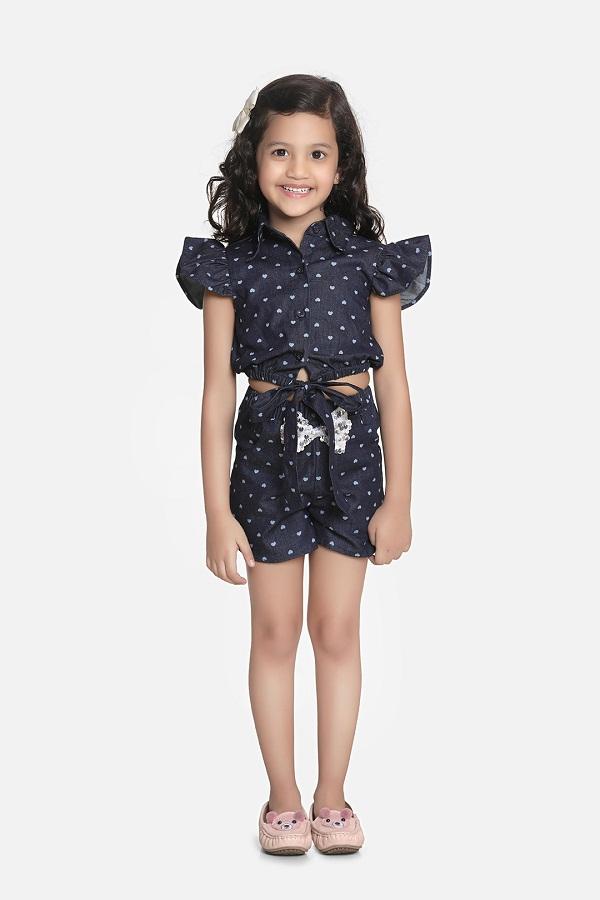 Lilipicks Heart Print Denim Sequin bow Coordinated Set