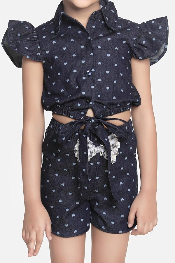 Lilipicks Heart Print Denim Sequin bow Coordinated Set