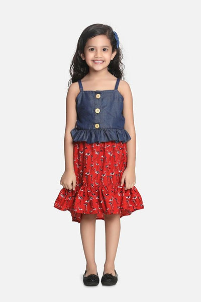 Lilipicks Denim Strappy Top with Low-High Flamingo Skirt Set