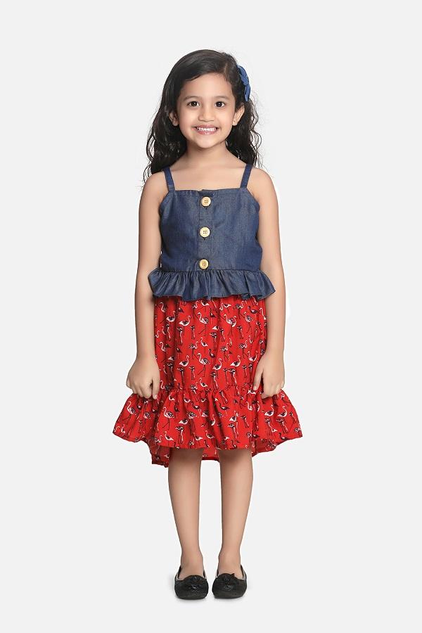 Lilipicks Denim Strappy Top with Low-High Flamingo Skirt Set