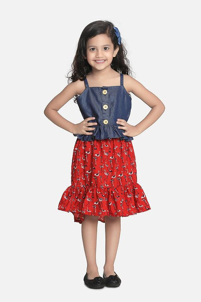 Lilipicks Denim Strappy Top with Low-High Flamingo Skirt Set