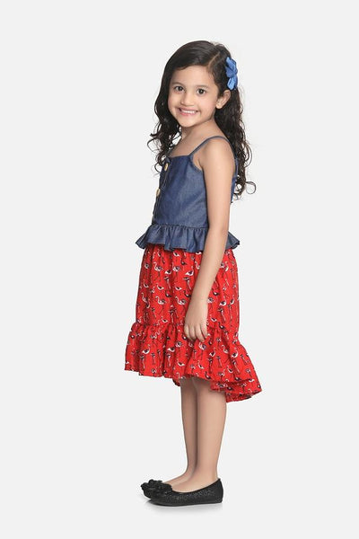 Lilipicks Denim Strappy Top with Low-High Flamingo Skirt Set