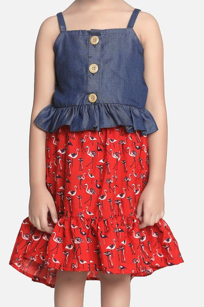 Lilipicks Denim Strappy Top with Low-High Flamingo Skirt Set