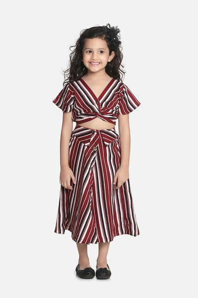 Lilipicks Wine Striped Knot Crop Top with Strpied Skirt Set 