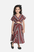 Lilipicks Wine Striped Knot Crop Top with Strpied Skirt Set 