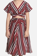 Lilipicks Wine Striped Knot Crop Top with Strpied Skirt Set 