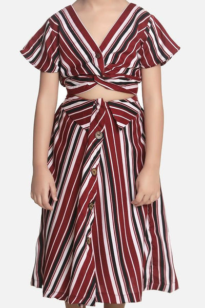 Lilipicks Wine Striped Knot Crop Top with Strpied Skirt Set 