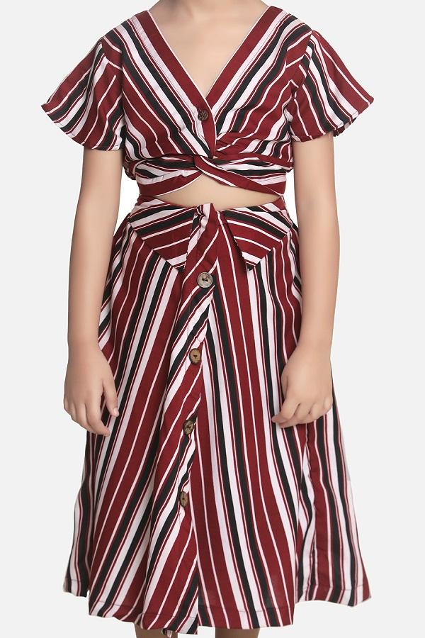 Lilipicks Wine Striped Knot Crop Top with Strpied Skirt Set 