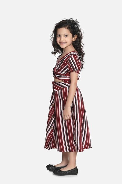 Lilipicks Wine Striped Knot Crop Top with Strpied Skirt Set 
