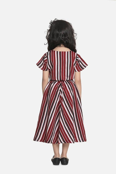 Lilipicks Wine Striped Knot Crop Top with Strpied Skirt Set 