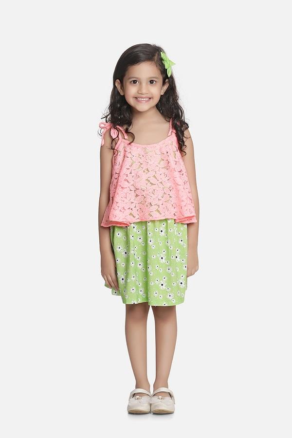 Lilipicks Green Floral with Peach Mesh Strappy Dress