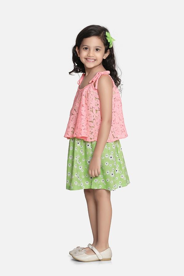 Lilipicks Green Floral with Peach Mesh Strappy Dress