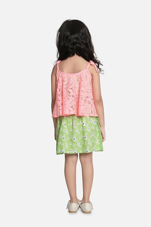 Lilipicks Green Floral with Peach Mesh Strappy Dress