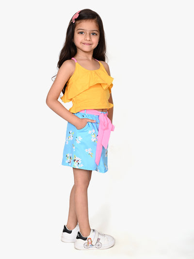 Yellow Crop Top with Sky Blue Shorts Set