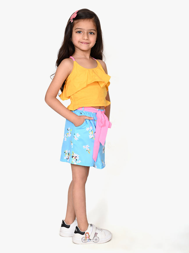 Yellow Crop Top with Sky Blue Shorts Set
