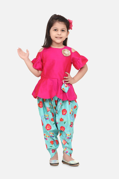 Lilpicks Hot Pink Peplum Suit with Green Floral Dhoti Set